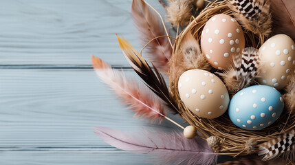 Background from different colored Easter egg in the nest on the wooden background