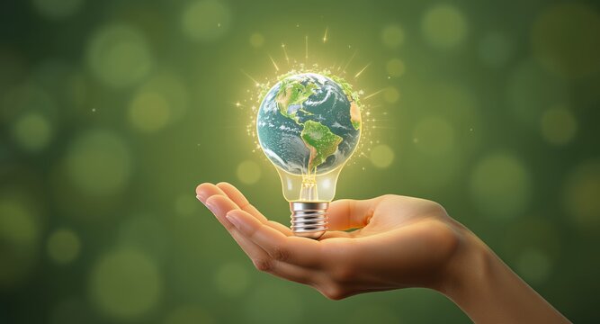 Hand holding a glowing earth within a lightbulb, representing sustainability and green energy
