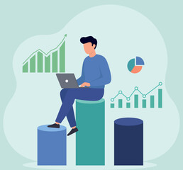 A man works on his laptop, analyzing business data and charts. This flat vector illustrates concepts of financial growth, data analysis, and market success