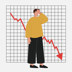 A stressed person despairs over a declining financial graph, symbolizing economic crisis, stock market crash, investment failure, and business loss