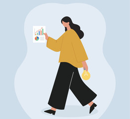 A woman walks, analyzing a business report with charts and carrying a lightbulb, symbolizing data-driven ideas, innovation, and strategic progress