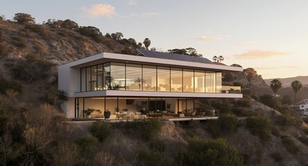 Obraz premium Modern architectural design home overlooking a scenic landscape during golden hour