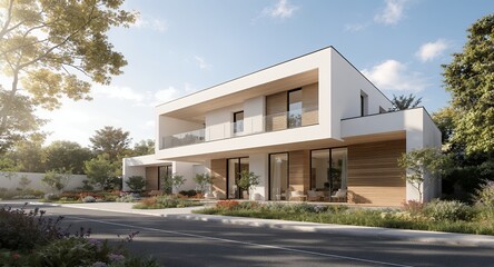 Modern Architectural Design with a Bright Exterior and Landscaping