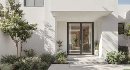 Modern Entrance with Plants, White Exterior, Front Door