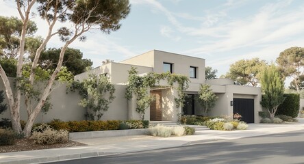 Modern Home Exterior with Landscaping and Clear Skies