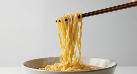 Noodles held by chopsticks, ready to eat, close-up image