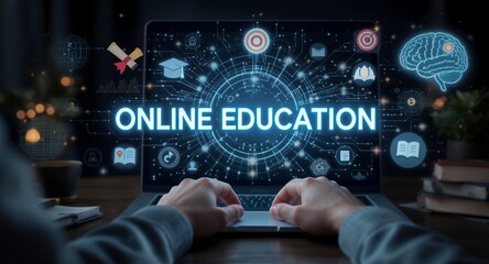 Online Education and E-Learning Concept with Laptop and Futuristic Graphics