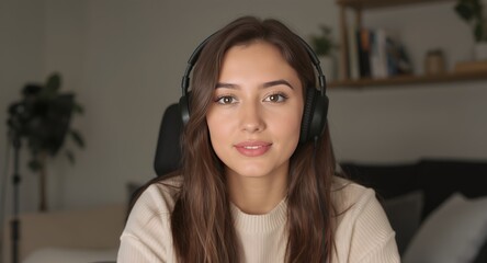 Portrait of a person wearing headphones, looking directly at the camera