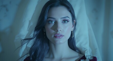 Portrait of a Woman with Blue Eyes, Dramatic Lighting and Makeup