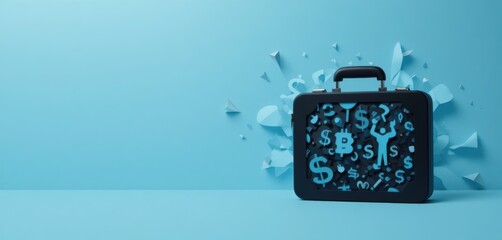 Open briefcase filled with blue dollar signs Bitcoin symbols and a silhouette of a person