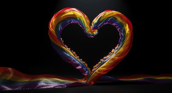 Rainbow heart made of fabric with tiny flags, Pride symbol on black background
