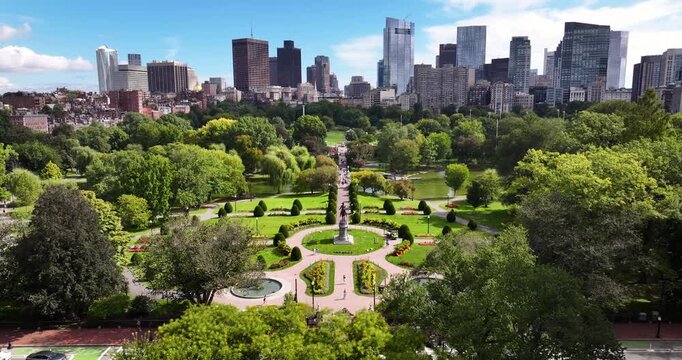 Aerial Pull-Back Shot of the Boston Public Garden in Massachusetts