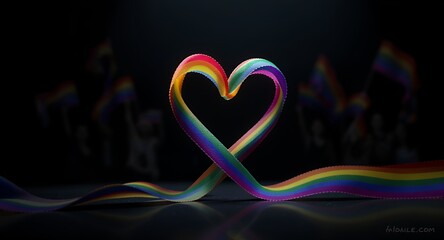 Ribbon Heart Formation with Rainbow Colors and Flags in the Background