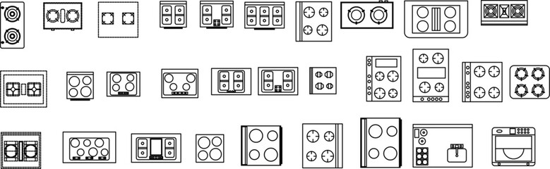Minimalist stove top icons showing various burner layouts, ideal for kitchen design inspiration and appliance comparison.