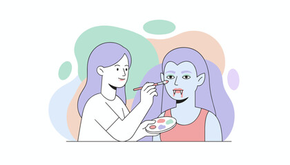 Woman applying spooky vampire makeup on a friend for Halloween party Fun holiday preparation