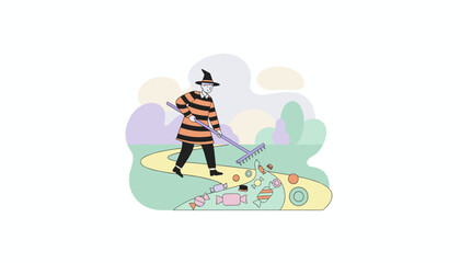 Person in striped costume and witch hat raking colorful Halloween candy Autumn celebration