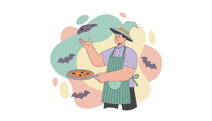 Halloween chef in a witch hat preparing spooky pizza with flying bats Festive culinary fun