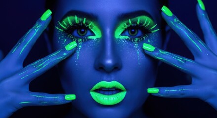 Woman with neon makeup and glowing skin under blacklight, closeup portrait