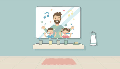 Joyful family brushing teeth in bathroom mirror teaching good oral hygiene habits