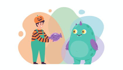 Child in pumpkin costume giving candy to a friendly monster Halloween fun and friendship
