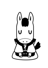 裃を着てお辞儀する馬　モノクロ