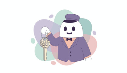 Friendly bellhop character holds a key with a unique skeleton hand Concept of service access