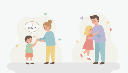 Family communication and affection child asks permission father hugs daughter Happy parenting