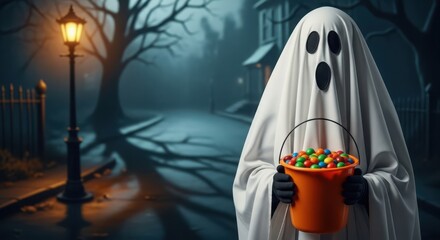 Ghost holding candy bucket on a spooky street at night during halloween