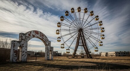 Abandoned amusement park with a ferris wheel and ruined archway