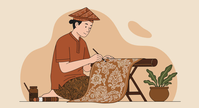 Man Creating Batik Art with Traditional Tools and Floral Designs