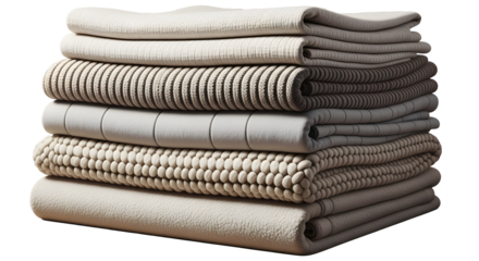 A neatly folded stack of various textured blankets in neutral tones, arranged on a white background.