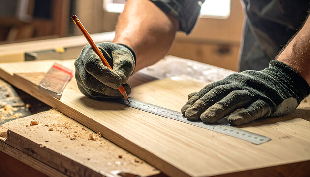 Precision matters: A detailed shot of a craftsman's hands in protective gloves using a ruler and pencil for measuring and marking wood on a workshop table. - Powered by Adobe