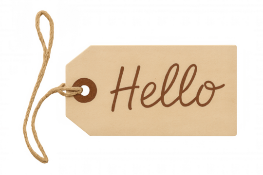 Craft paper tag with rustic twine saying hello, indicating greeting, message, or welcome on transparent background
