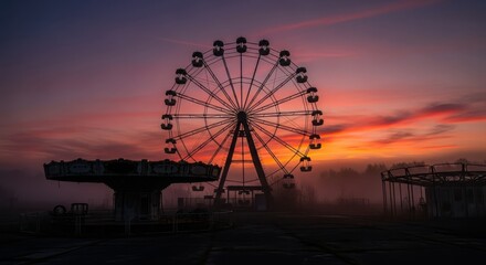 Abandoned amusement park ferris wheel at sunset with colorful sky and fog