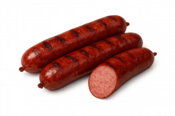 Grilled sausages presenting a juicy texture and char marks, ready for a barbecue or picnic on transparent background