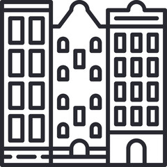 Collection of Three Outline Style Buildings with Different Architectural Facades on a Transparent Background