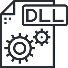 Computer file icon representing a DLL dynamic link library with gears indicating process and function in a simple line art style