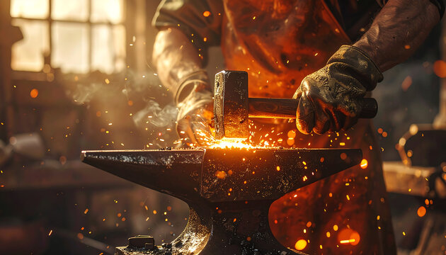 Detail of a hammer striking molten metal on an anvil, creating a shower of bright orange sparks. Represents hard work and the energy of a historic craft. - Powered by Adobe