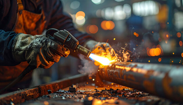 A professional welder working on heavy steel with a torch in a dark, busy workshop. The image captures the power and heat of industrial metalwork.