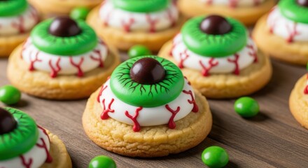 Closeup of spooky halloween eyeball cupcakes with green candy decorations