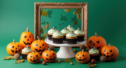 Halloween display with carved pumpkins and cupcakes on a cake stand