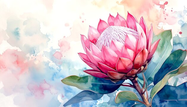 Watercolor painting of a vibrant protea flower