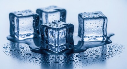 Four ice cubes melting and dripping water on a light blue surface
