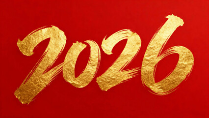 Golden calligraphic text '2026' on a red background
