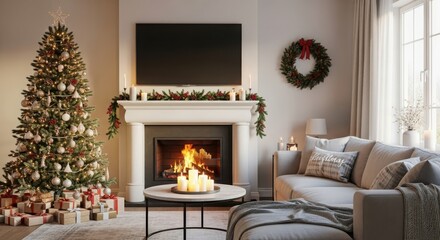 Cozy living room with a decorated christmas tree and fireplace, perfect for the holidays