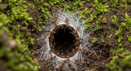 Closeup of ants building a nest entrance with silk threads in mossy ground