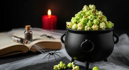 Halloween cauldron filled with green popcorn, a spell book, and a red candle