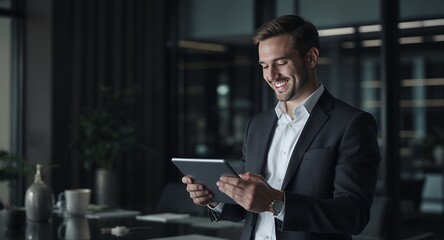 Fototapeta premium A smiling businessman with a tablet in a modern office