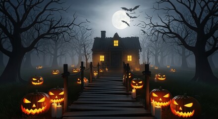 Spooky halloween night scene with a haunted house, jackolanterns, and fog