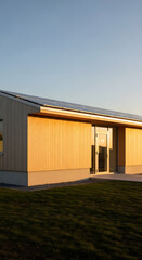 Fototapeta premium Minimalist Wooden House with Solar Roof and Warm Sunset Light
